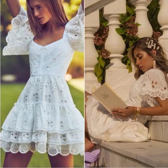 Alexis Dress Small Afonsa Tiered Mini White Embroidered Eyelet Lace Cottagecore - Picture 1 of 15